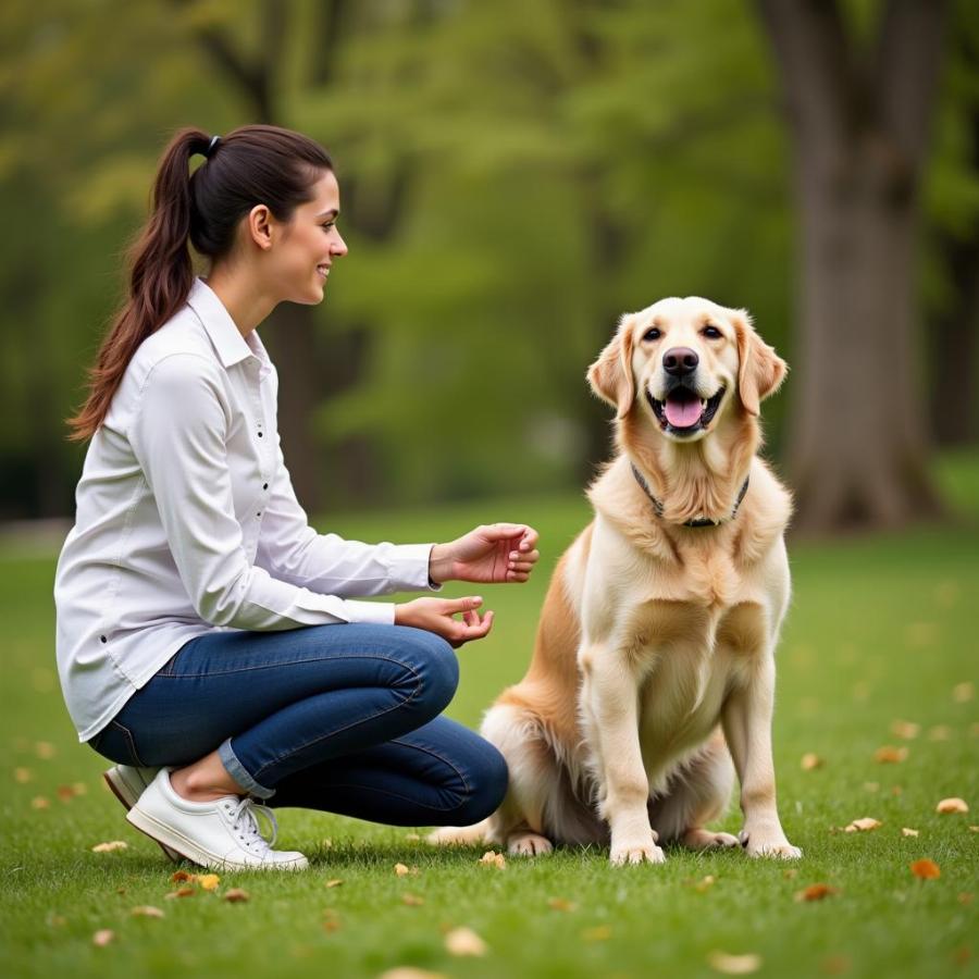 A dog and their owner practicing obedience training with treats.