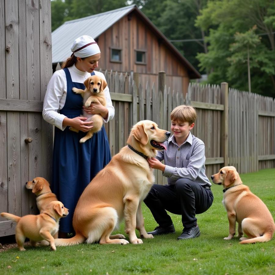 Amish Family with Dog and Puppies