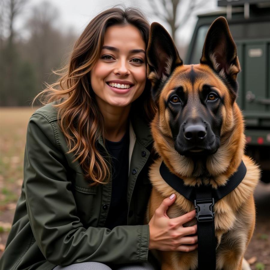 Ana de Armas with her canine co-star, a Belgian Malinois, on the set of the war film.