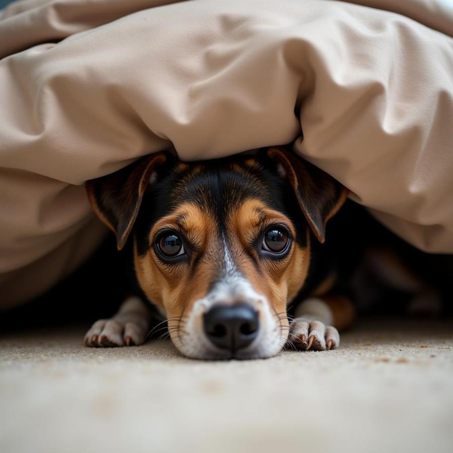 Anxious dog hiding under bed