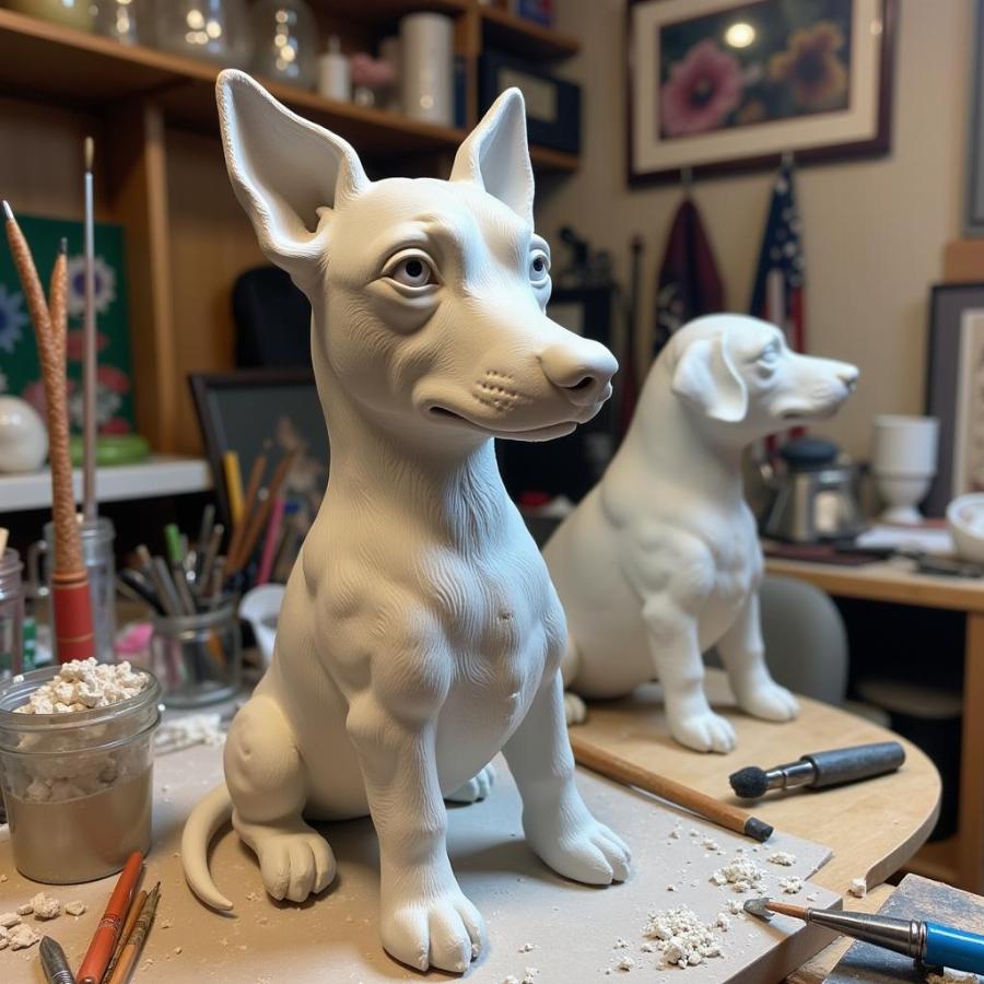 Sculpting a dog from a reference photo.