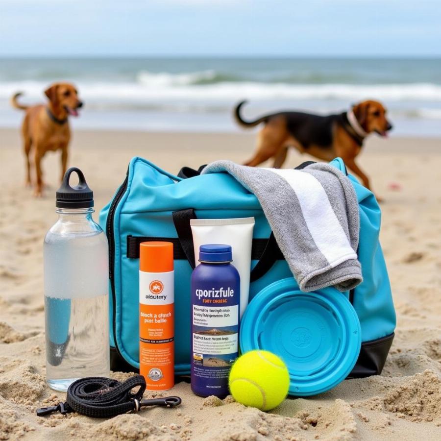 Dog beach essentials: water, bowl, poop bags, leash, towel, sunscreen, toys