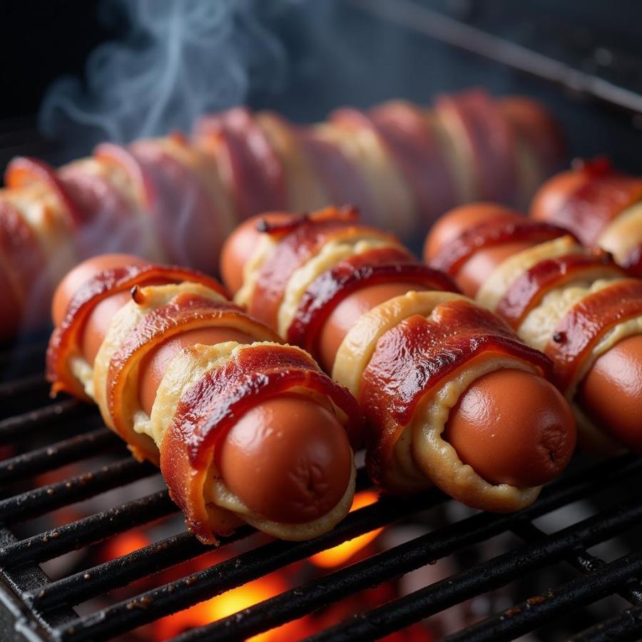 Bacon Wrapped Hot Dogs on Grill