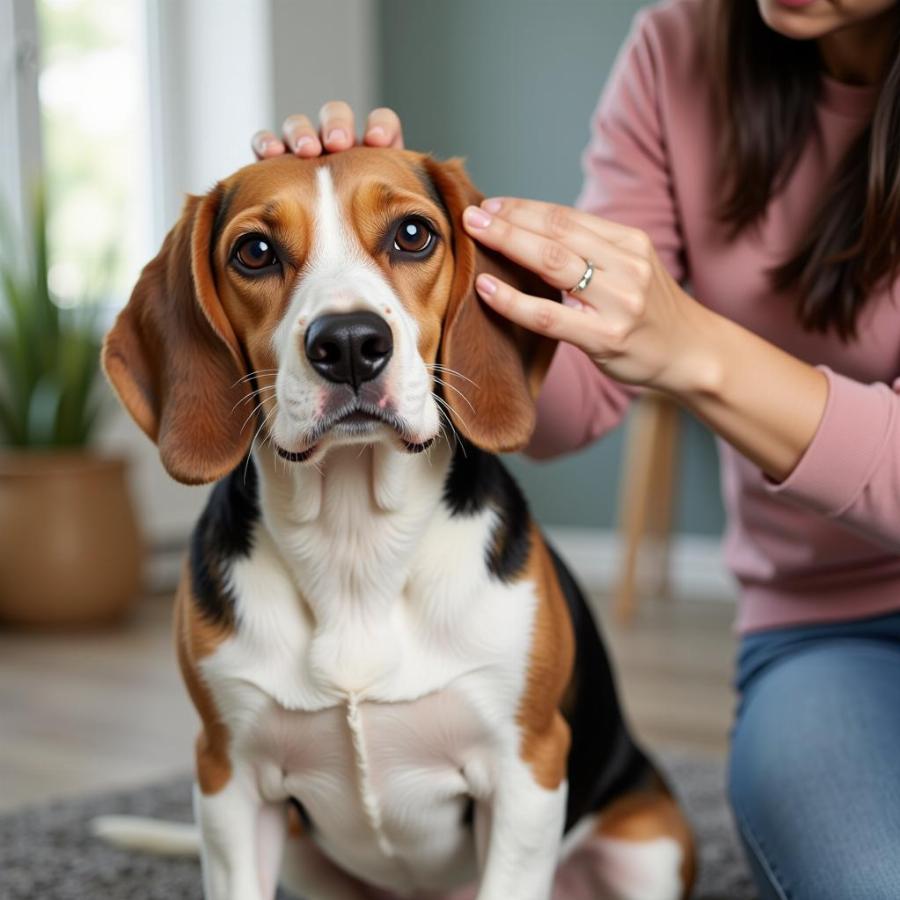 A beagle getting its ears cleaned by its owner