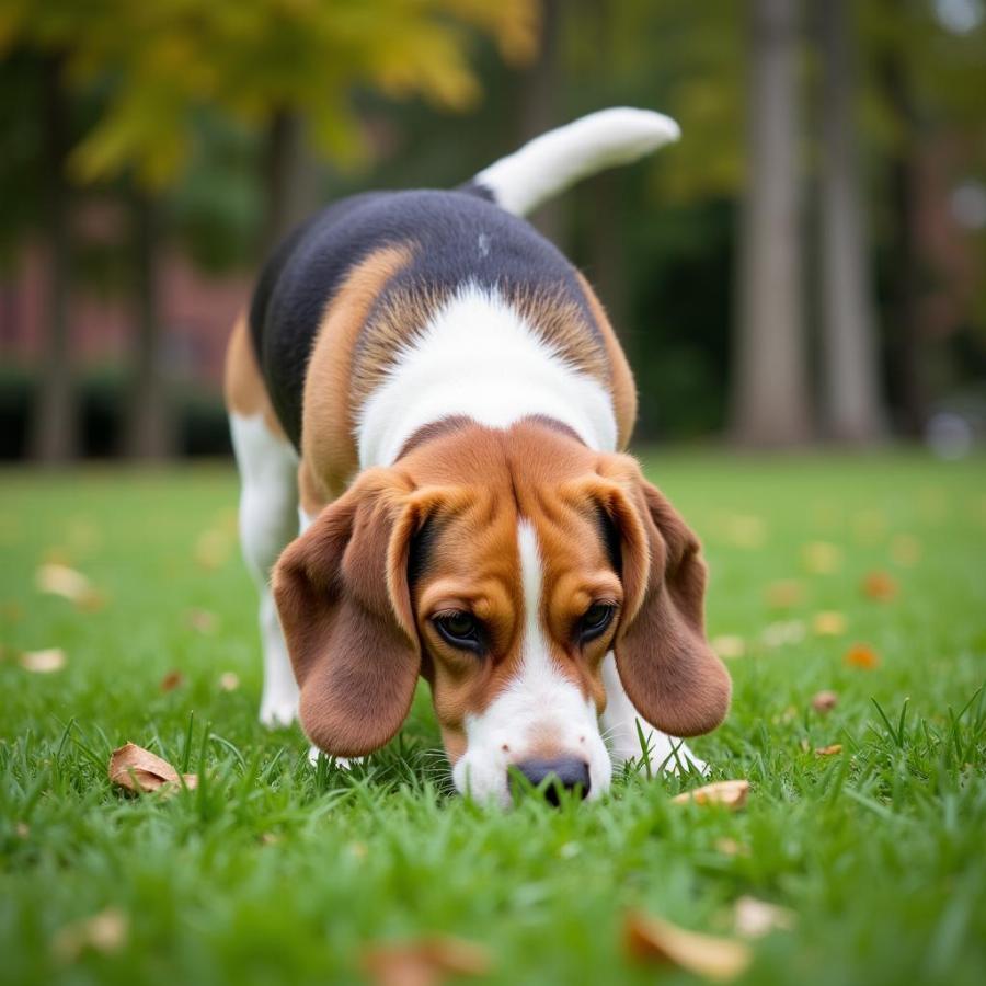 Beagle sniffing the grass during a walk