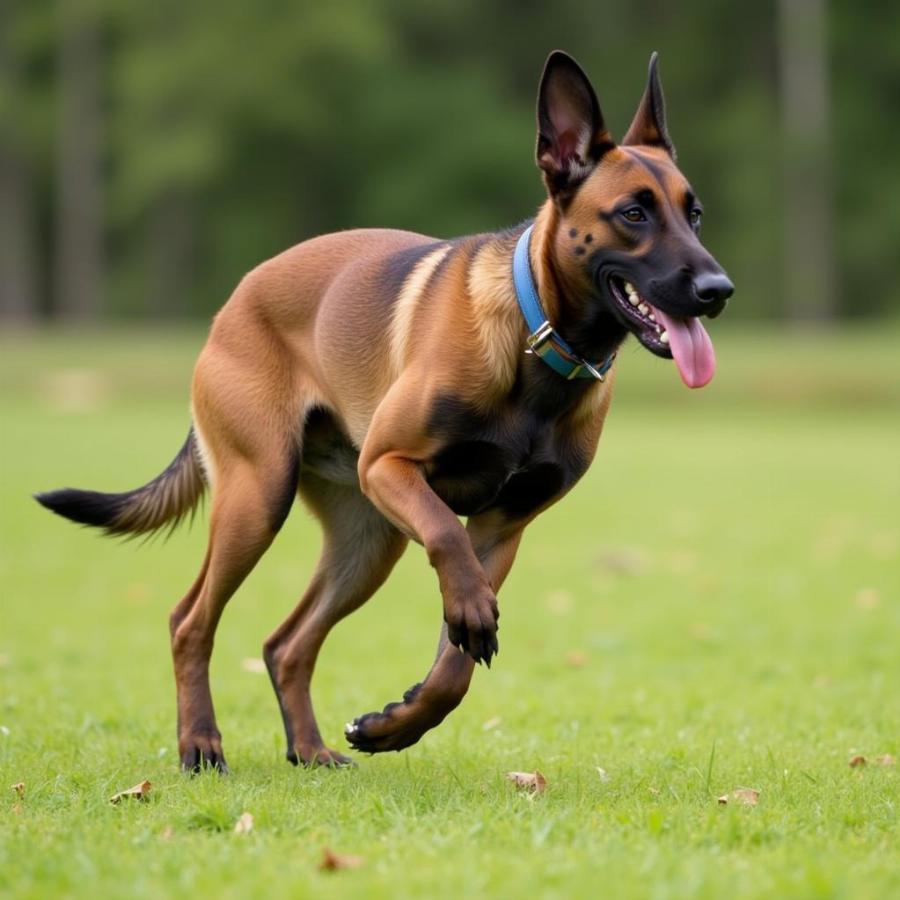 Belgian Malinois running in a field