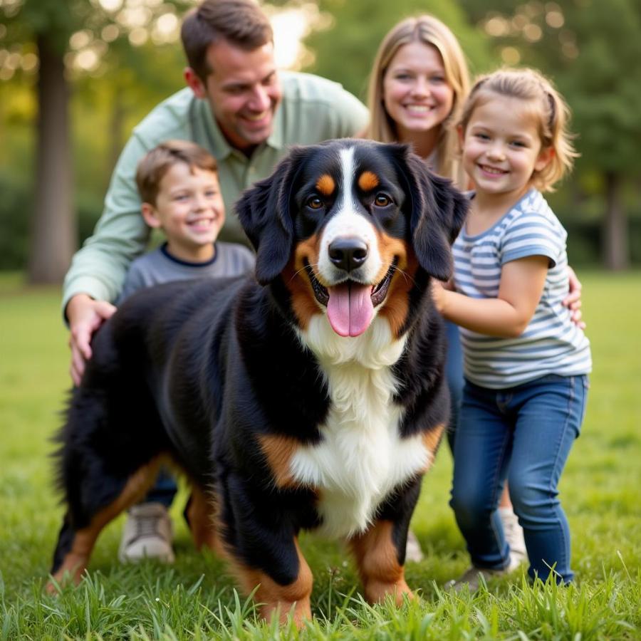 Bernese Mountain dog with a family