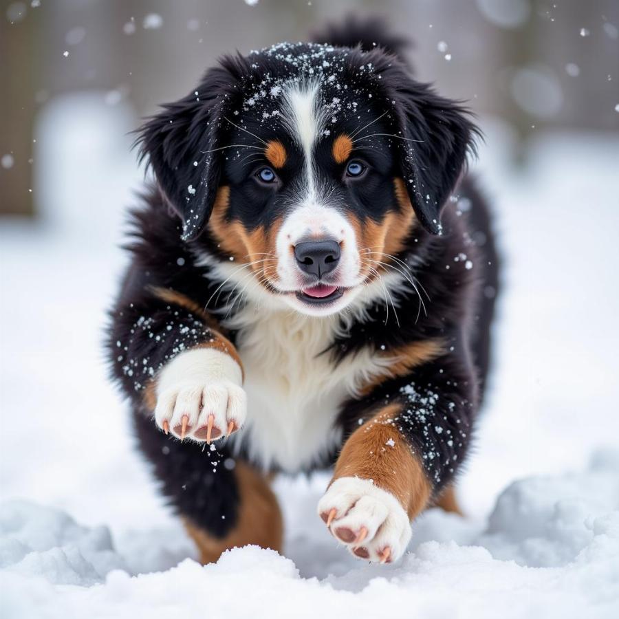 Bernese Mountain Dog x Newfoundland mix playing in the snow