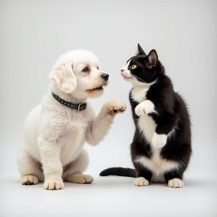 Bichon Frise playfully interacting with a cat