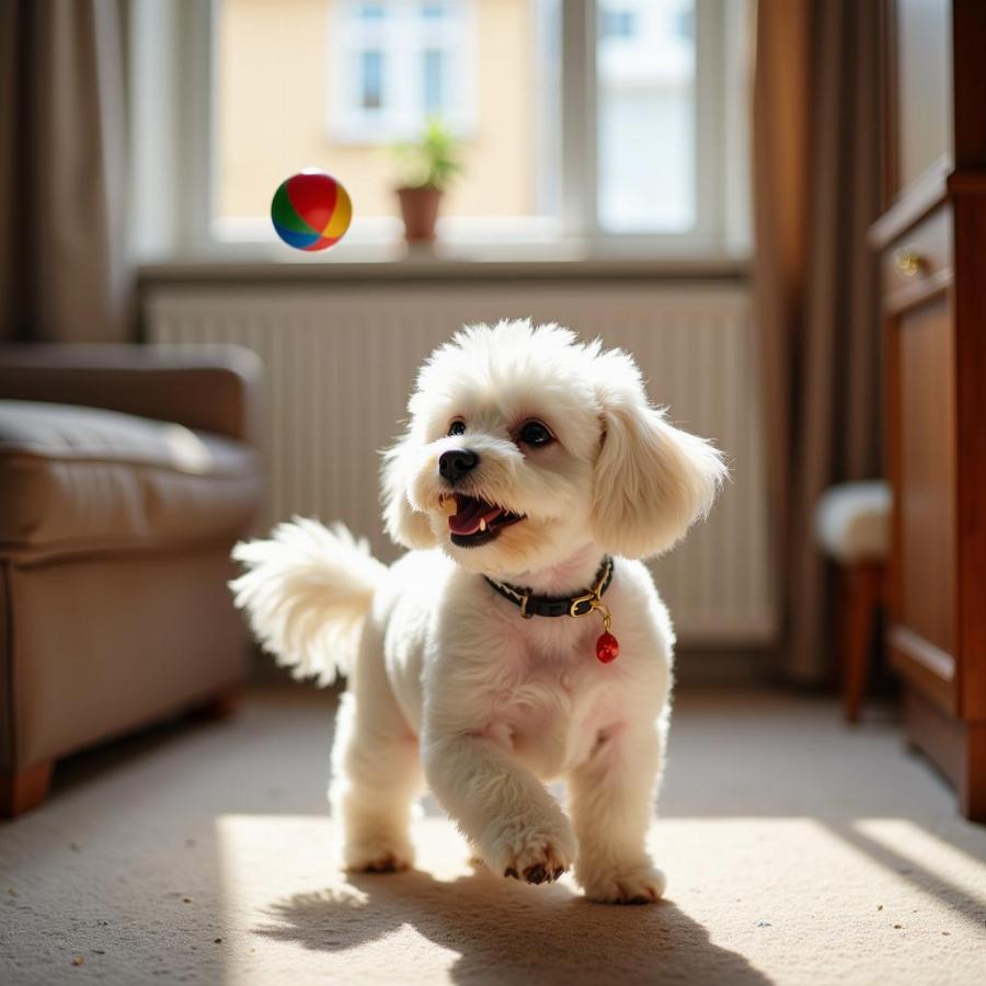 Bichon Frise happily playing with a toy in an apartment