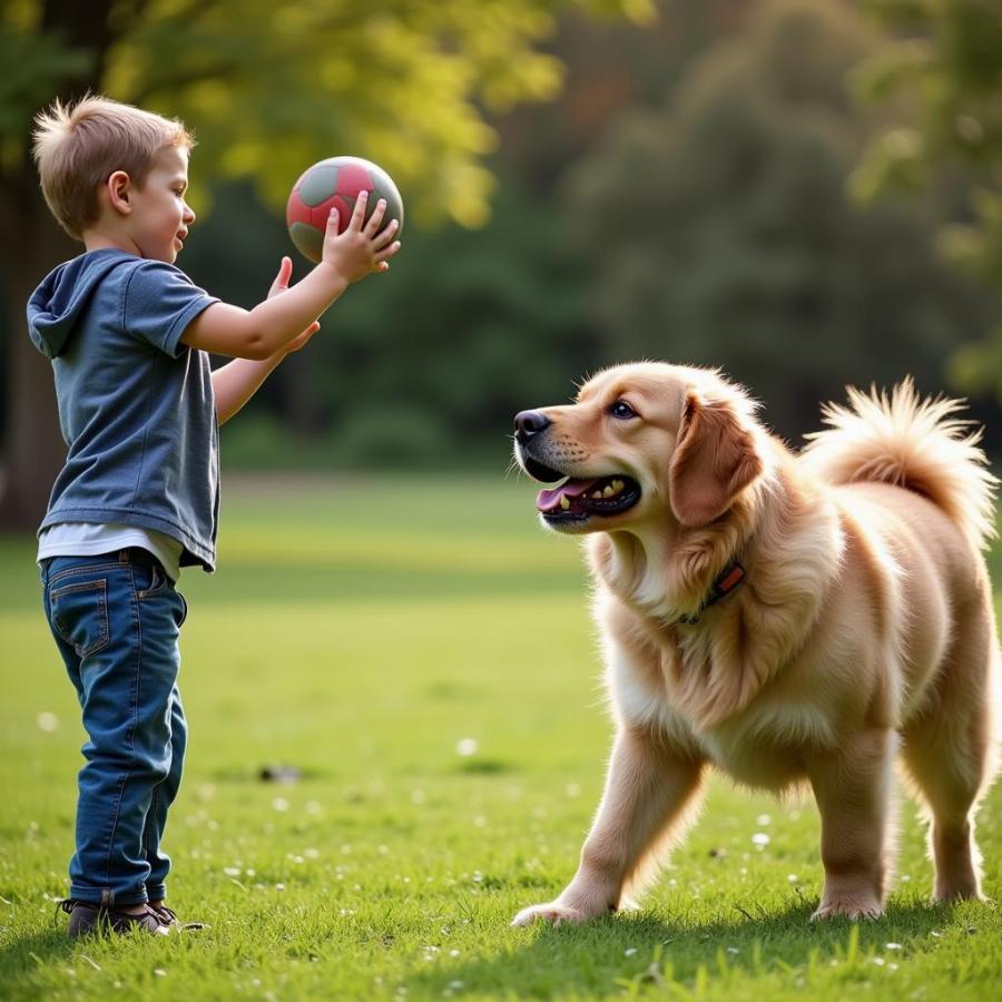 Child playing with a large, fluffy dog