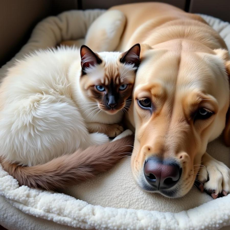 Birman Cat Cuddling with Dog