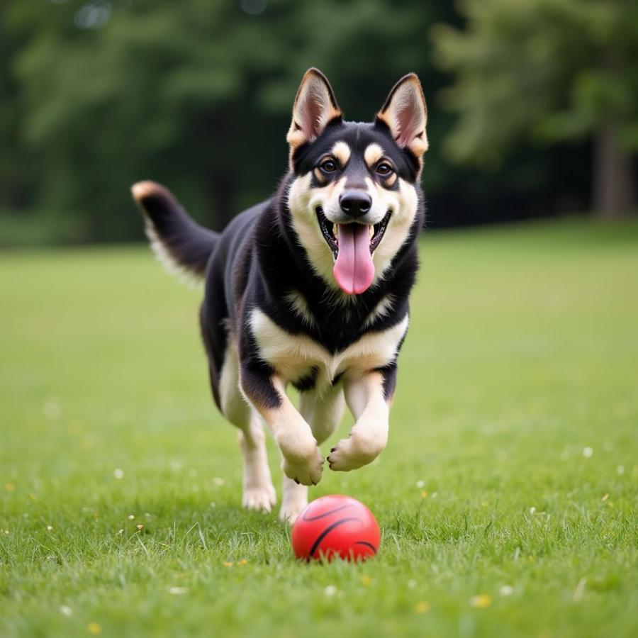 Black and white German Shepherd running after a ball in the park