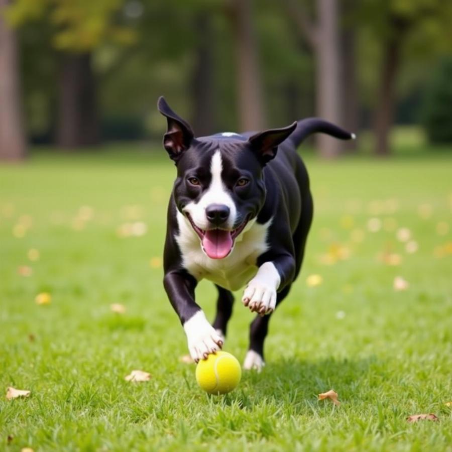 Black and white Pitbull running after a ball in a park