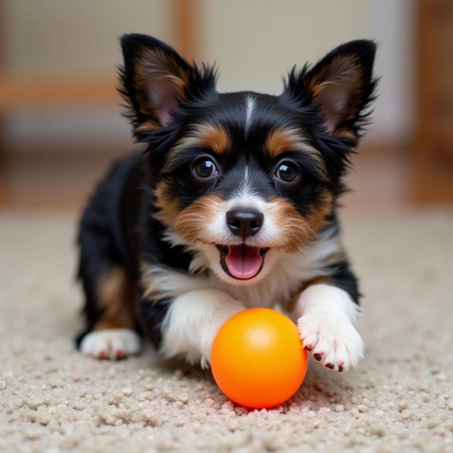 Black and White Yorkie Playing with a Toy