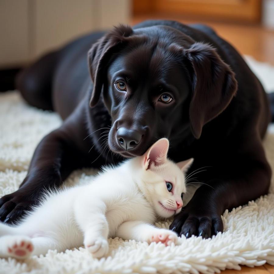 Black Dog and White Cat Playing