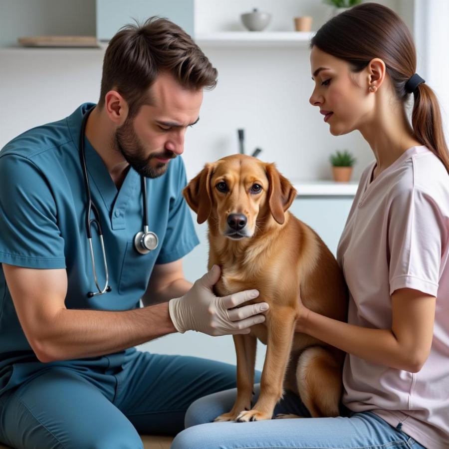 Veterinarian examining a dog with bloody diarrhea