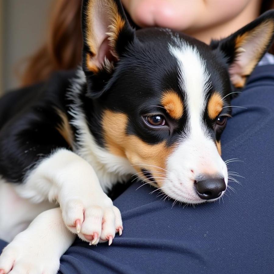 Blue Heeler Corgi Mix Cuddling with Owner