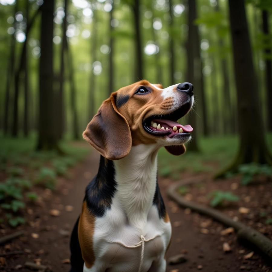 Blue Tick Beagle howling in a forest