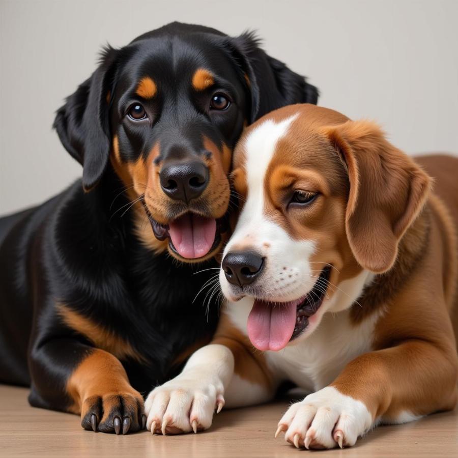 Two dogs cuddling closely, showcasing their strong bond