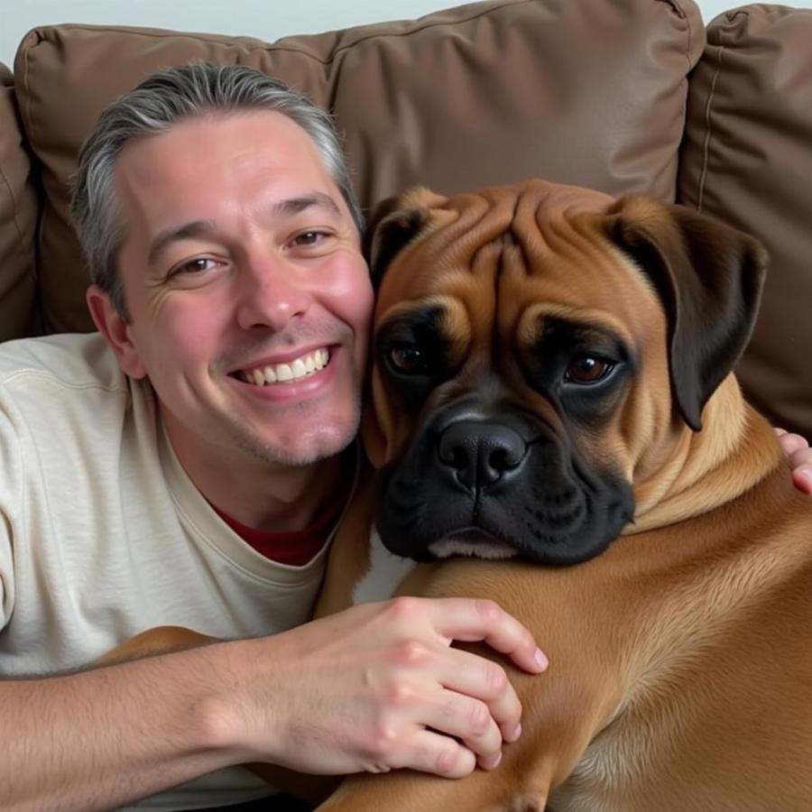 Boxer cuddling with owner