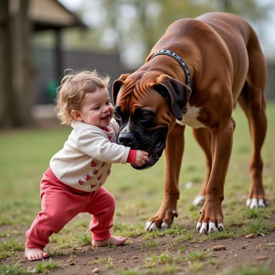 Boxer Playing Gently with a Child