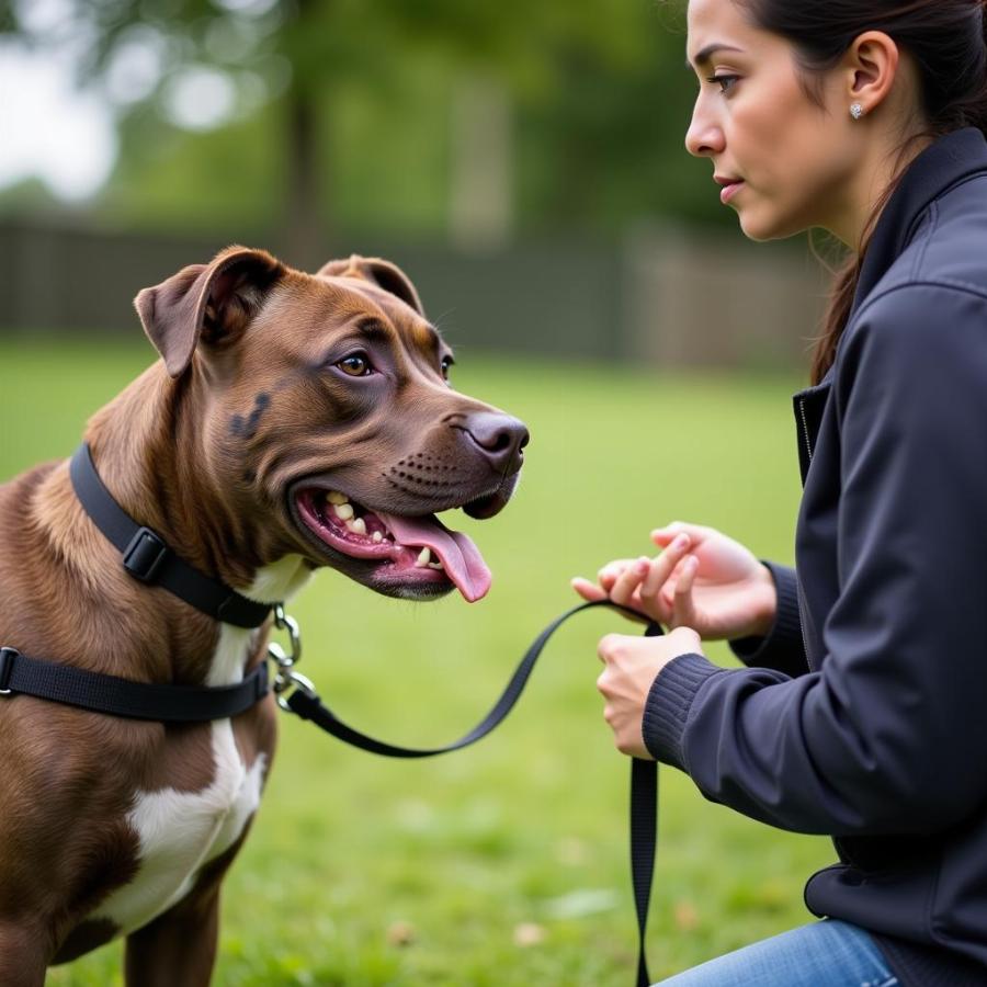 Brindle Pit Bull Learning Obedience Commands