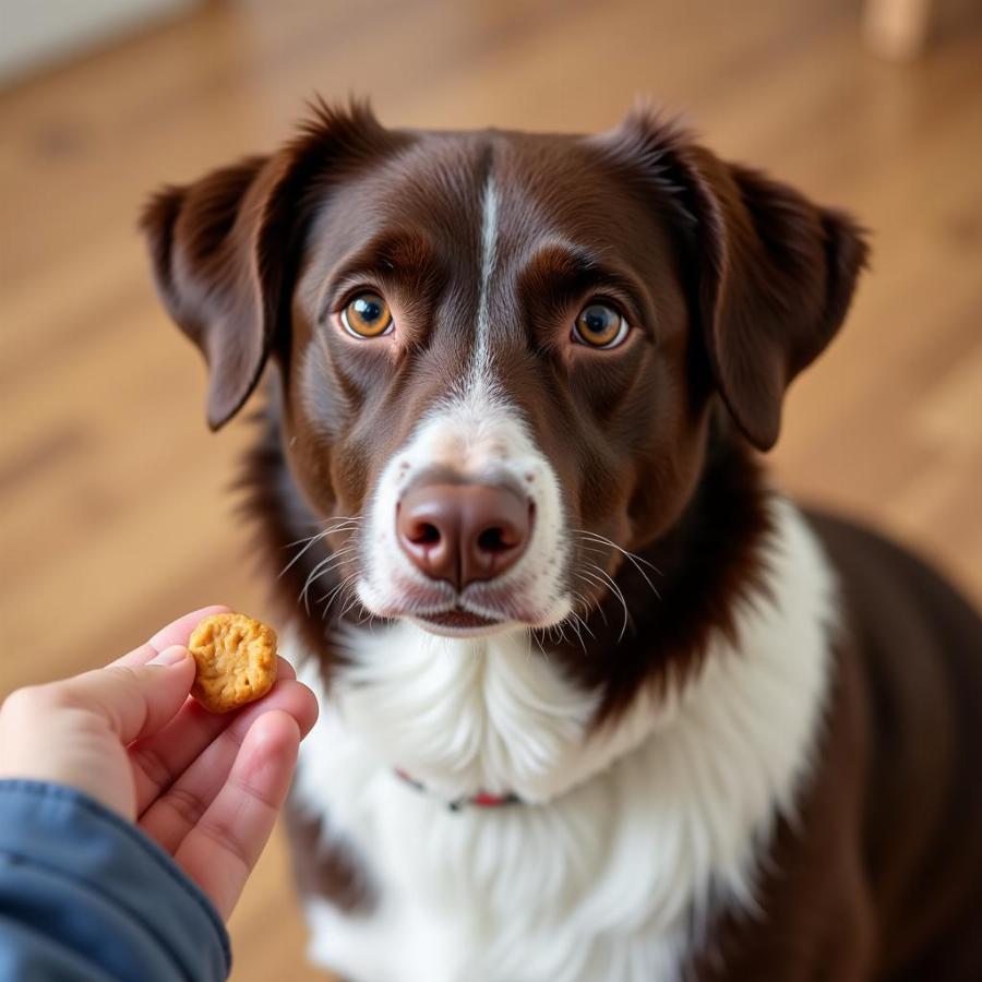 Brown Border Collie focusing on a treat during training