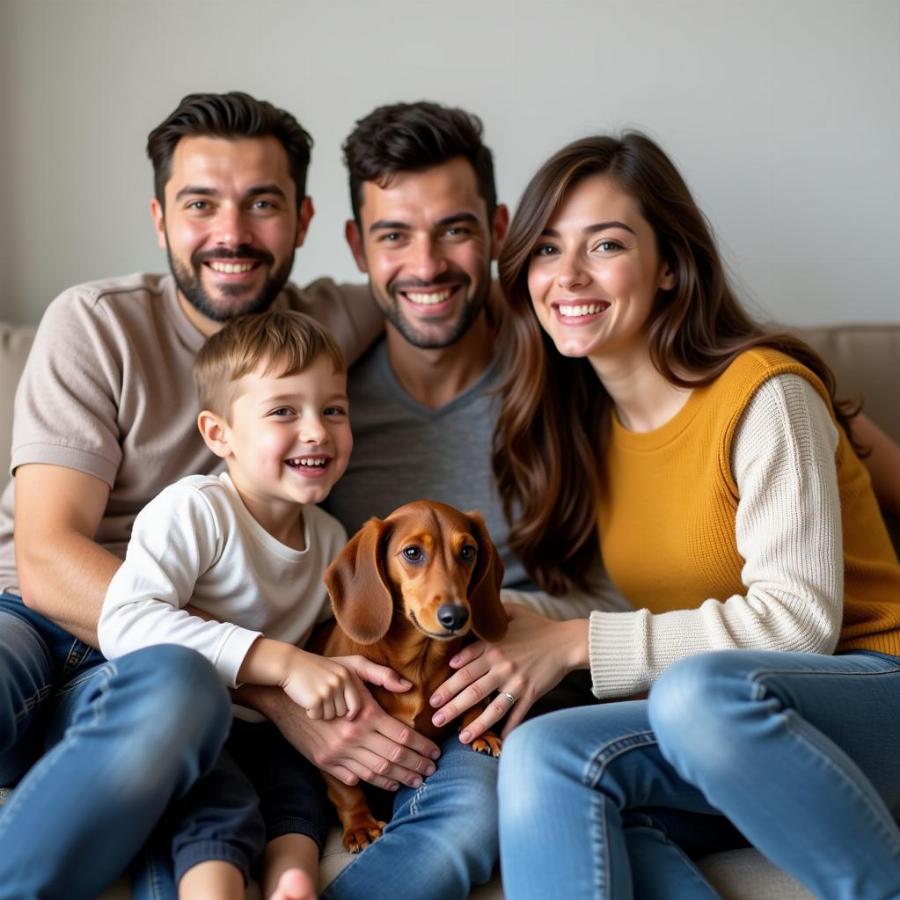 Happy family cuddling with their brown dachshund