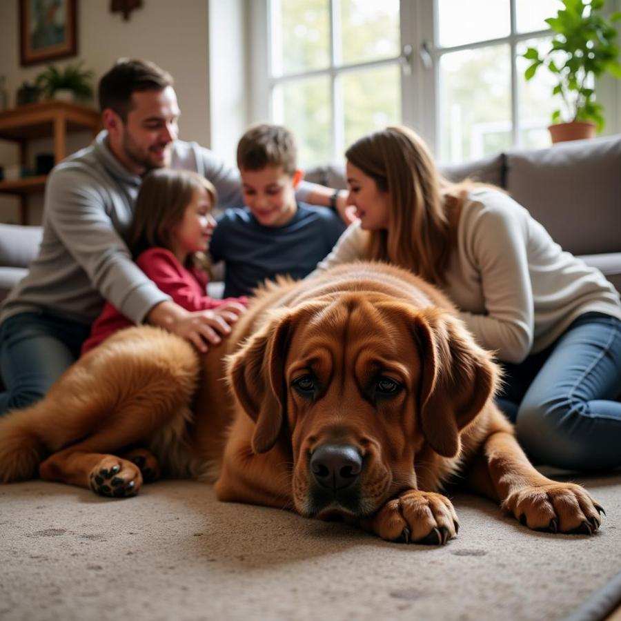 Brown Pyrenean Mastiff enjoying family time