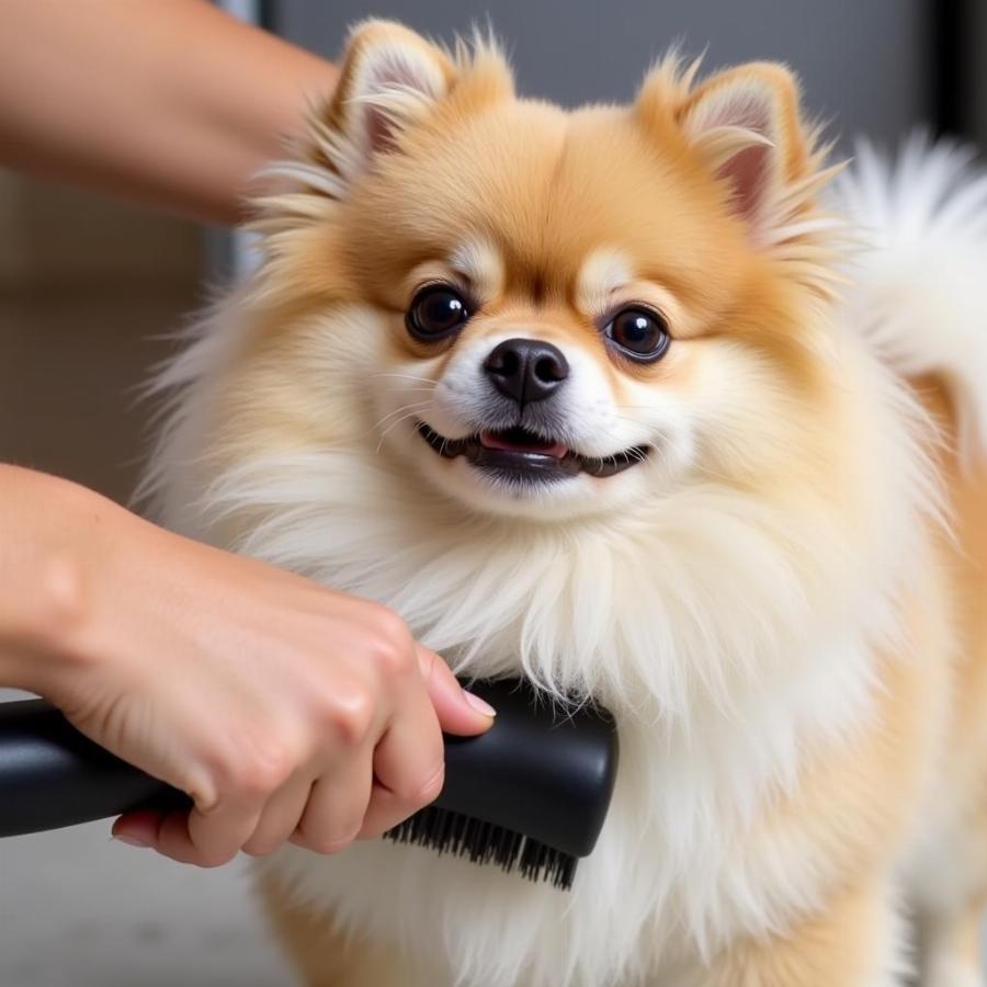 Brushing a Pomeranian with a Boo Haircut