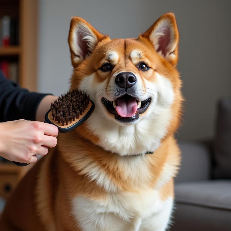 A person brushing a long hair Akita