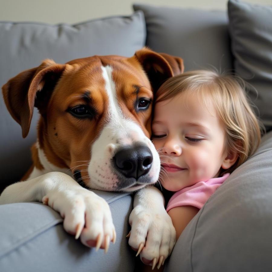 Bull breed cuddling with a child