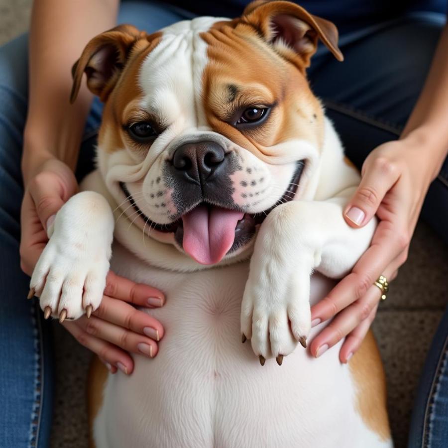 Bulldog enjoying belly rubs