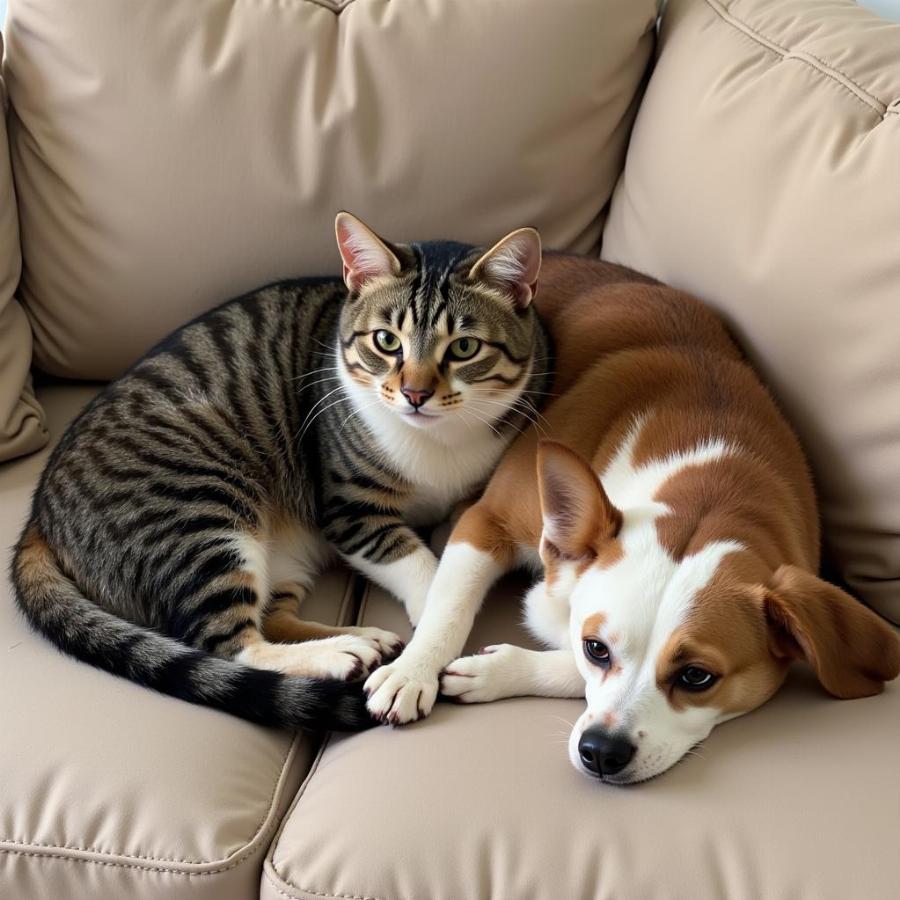 Cat and dog cuddling on a couch