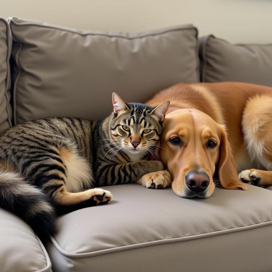 Cat and Dog Cuddling