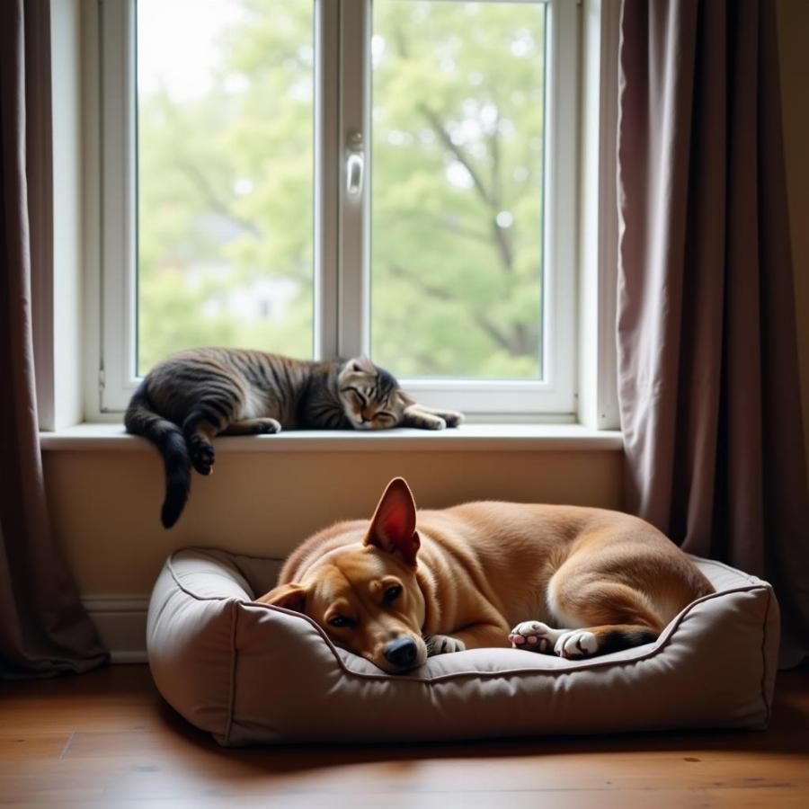 Cat and Dog Ignoring Each Other Peacefully