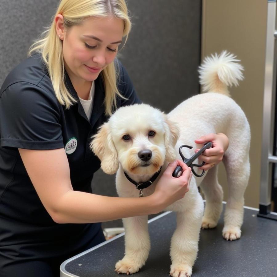 Certified dog groomer working in a salon