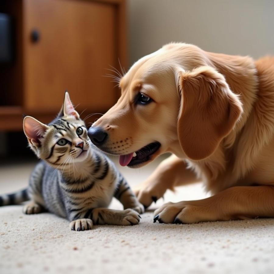 Chesapeake Bay Retriever Playing Gently with a Cat