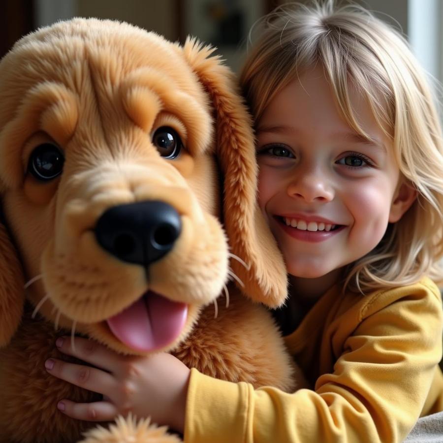 Child Hugging Plush Golden Retriever