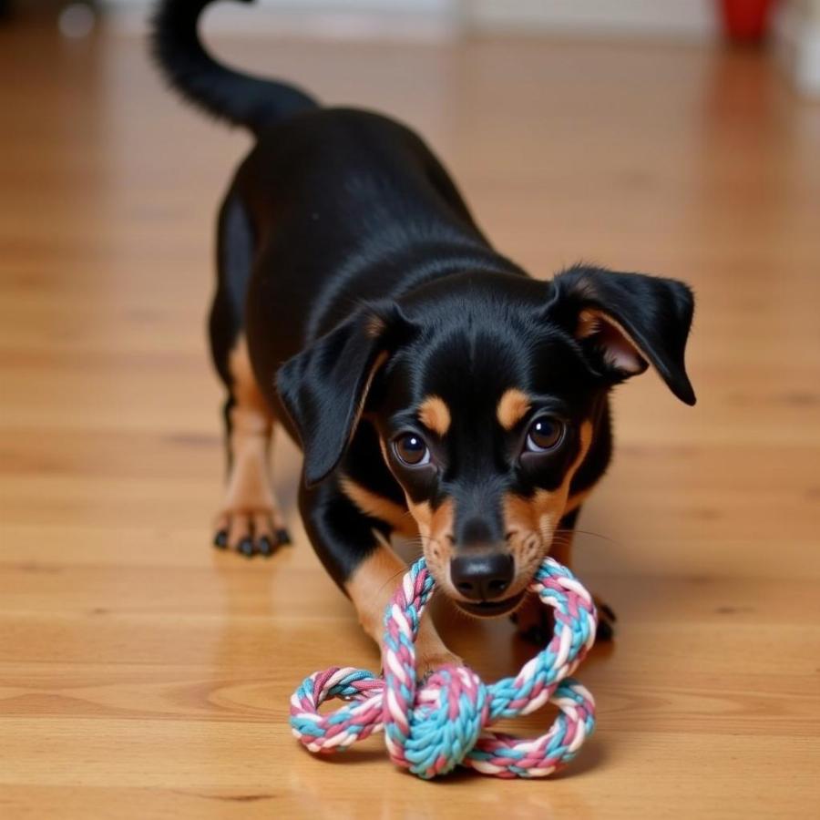 Chiweenie puppy playing with a toy