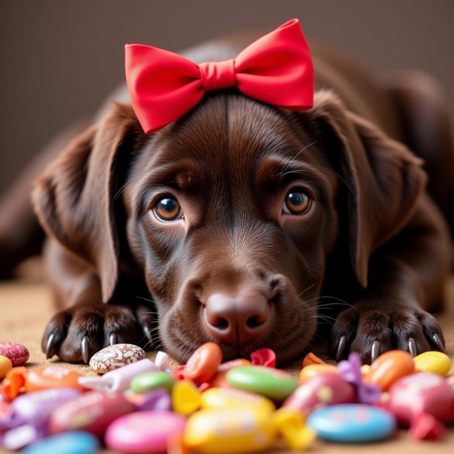 Chocolate Lab Puppy with Candy