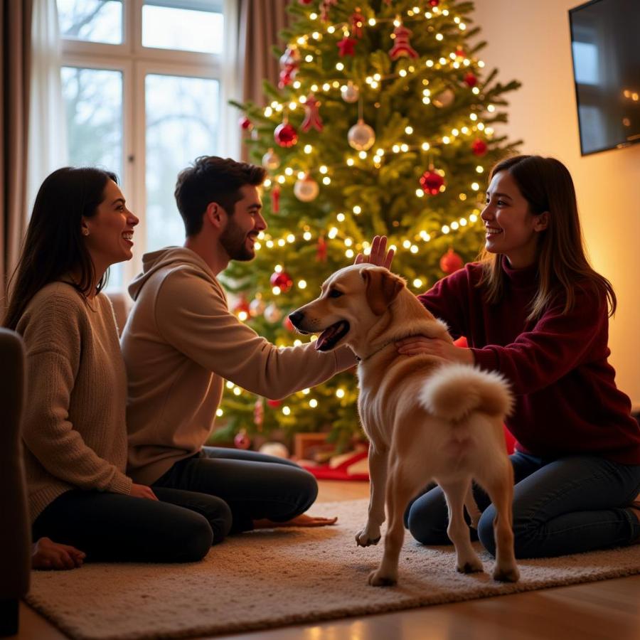 Happy Family Playing with their Newly Adopted Dog During Christmas