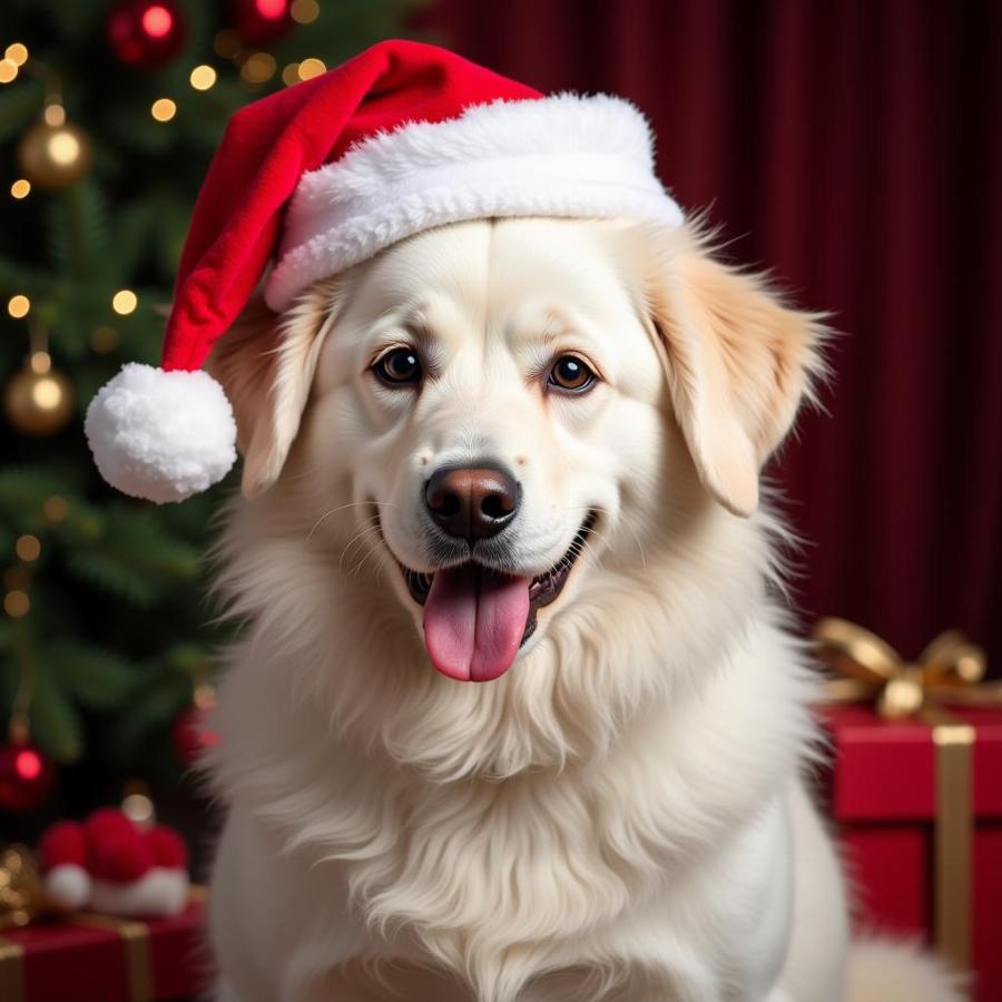 A dog dressed in a Christmas sweater posing for a photo