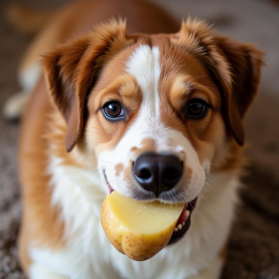 Dog eating cooked potato