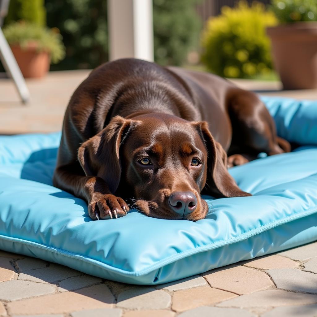 Labrador Retriever relaxing on a cooling dog bed