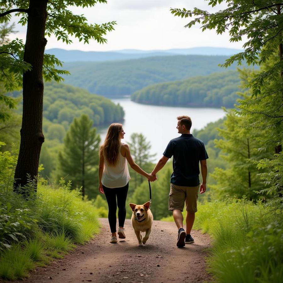 Couple Walking their Dog on a Lake George Trail