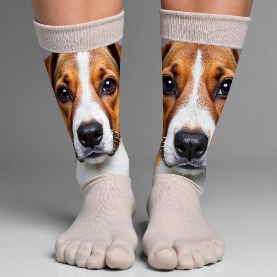 Close-up of custom dog face socks showing a clear, high-resolution print of a dog's face