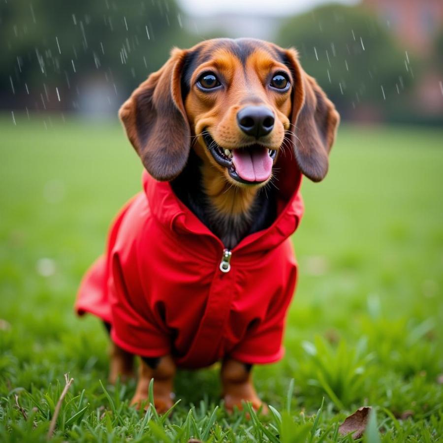 Dachshund wearing a red raincoat in the rain