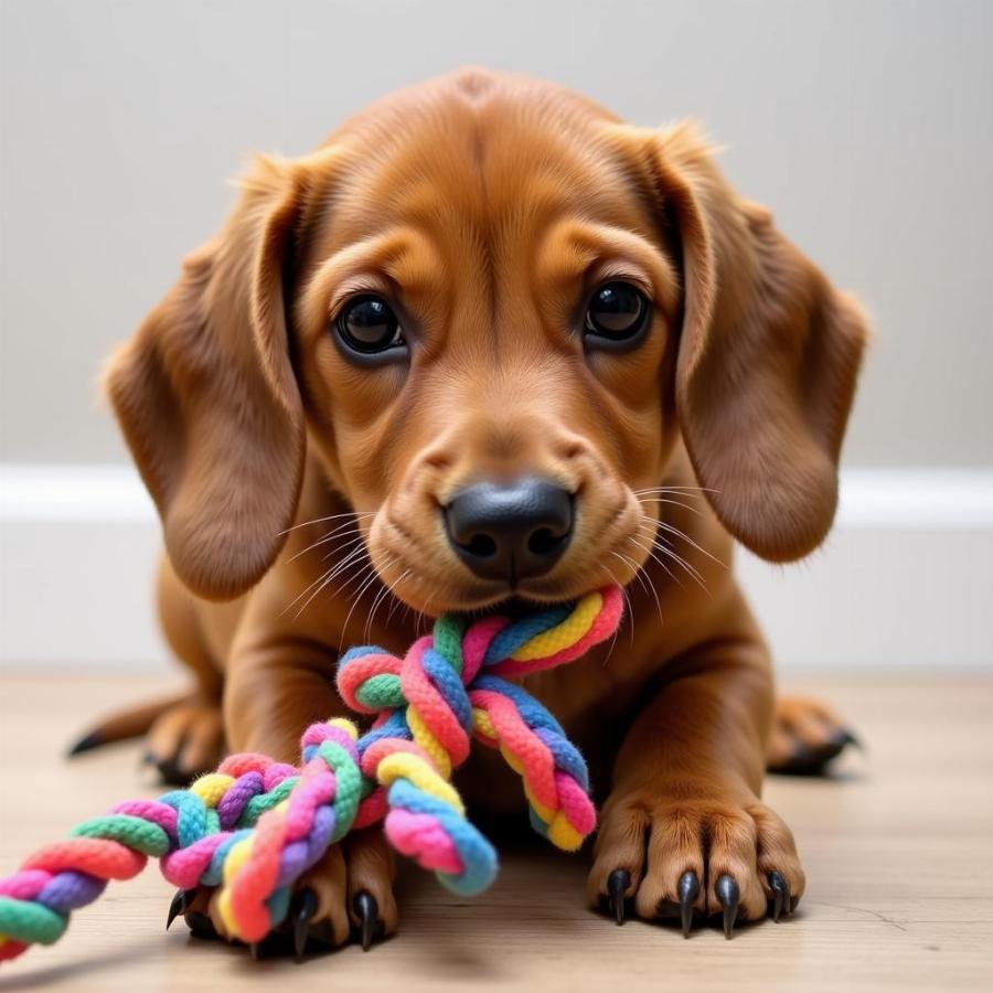 Dachshund puppy playing with a toy